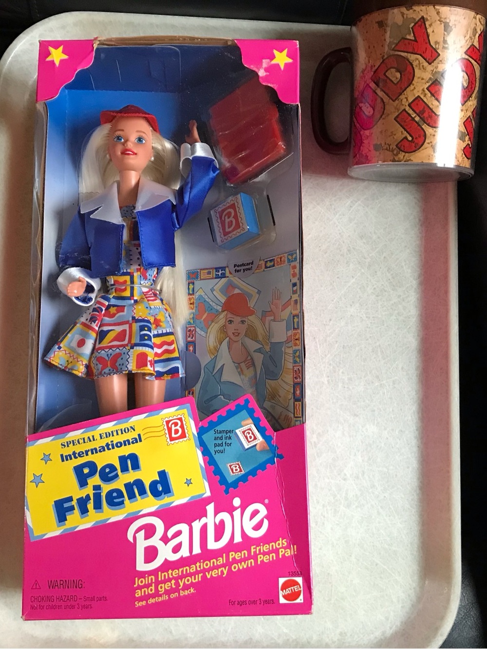 1995 Barbie Pen Friend Doll in Blue Jacket with Multicolor Dress
